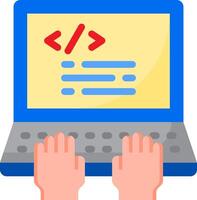 Hands typing on a laptop with a code symbol vector