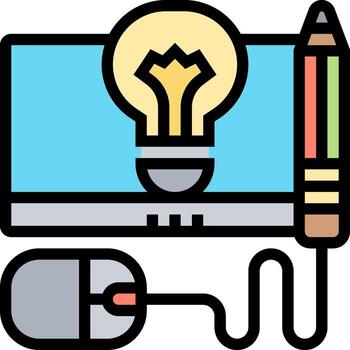 A computer mouse and light bulb are next to a computer vector