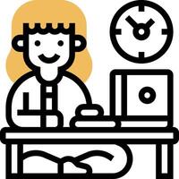 A woman is sitting at a desk with a clock and a computer vector