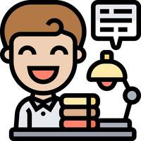 A man is sitting at a desk with a book and a speech bubble vector