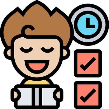 un dibujos animados chico leyendo un libro con un reloj y cheque marcas vector