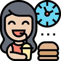 A woman is eating a hamburger and a clock is in the background vector