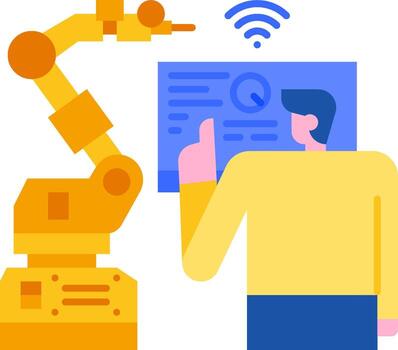 un robot es participación un tableta con un persona en frente de eso vector