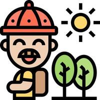 A man with a hat and a backpack is standing in front of trees vector