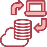 A red icon with a stack of data and a laptop vector