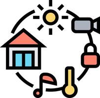A house with a thermostat, a camera, a clock, and a music player vector