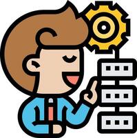 A cartoon man with a cogwheel and a stack of boxes vector