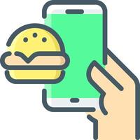 A hand holding a phone with a hamburger on it vector