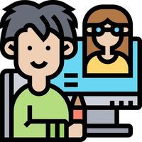 A man and woman are sitting at a computer vector