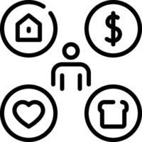A black and white icon of a man with a house, money, and heart vector