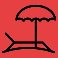 A black and red icon of a beach chair and umbrella vector