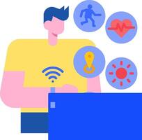 A man is sitting at a desk with a laptop and a wifi symbol vector