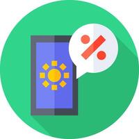 A flat icon of a phone with a speech bubble and a sun vector