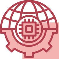 A red and white icon of a globe with a computer chip on it vector