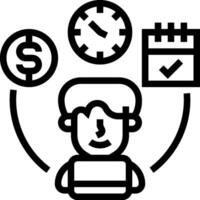 A black and white icon of a person with a clock, money and other items vector