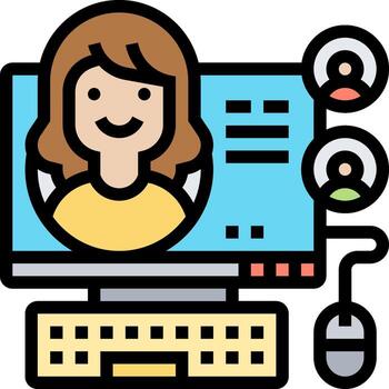 A woman is sitting in front of a computer with a mouse and keyboard vector