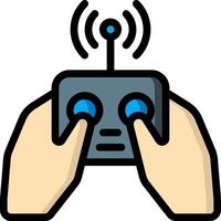 A hand holding a remote control with a wireless signal vector