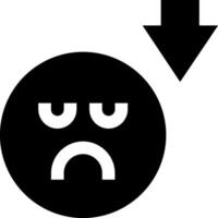 A black and white icon of a sad face with an arrow pointing down vector