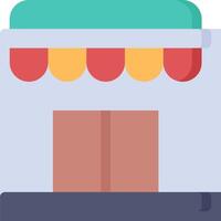 A small store with a red awning and a door vector