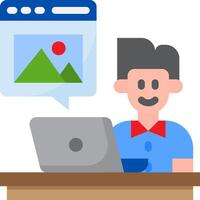 A man sitting at a desk with a laptop and a picture of a mountain vector
