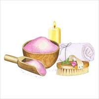 Spa composition with towel, candle, mortar with salt, brush, rose. Hand drawn watercolor illustration vector