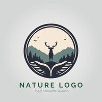 Nature logo design with deer and mountains vector