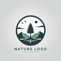 Nature logo design with a tree and mountains vector