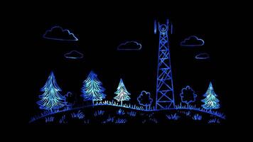 Neon frame effect, Tower representing the next generation of mobile networks on black background video