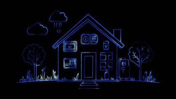 Neon frame effect, Smart Home Hub representing connected home devices on black background video