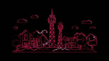 Neon frame effect, Tower representing the next generation of mobile networks on black background video