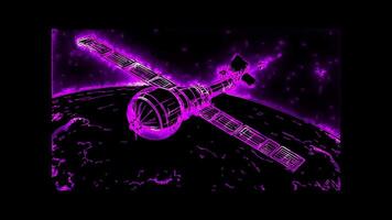 Neon frame effect, Satellite in Orbit symbolizing global communication systems on black background video