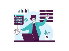 Person working at a computer, surrounded by elements related to web development. vector