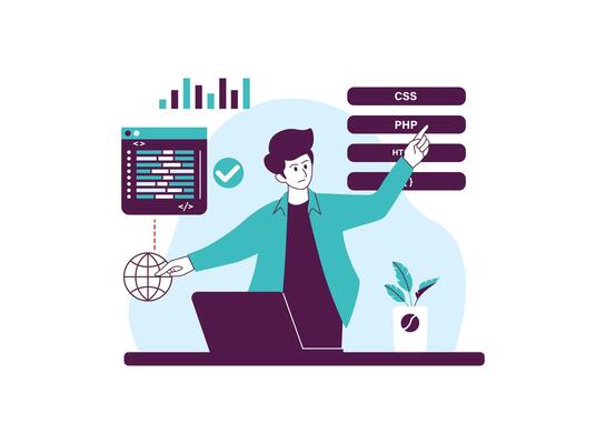 Person working at a computer, surrounded by elements related to web development.