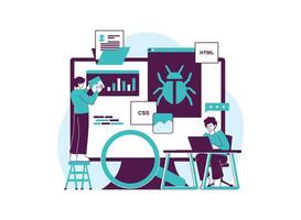 Two developers working together to debug a website, using HTML, CSS, and other tools. vector