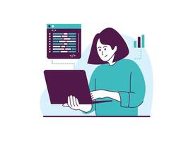 Programmer working on a website, using HTML and other coding languages. vector