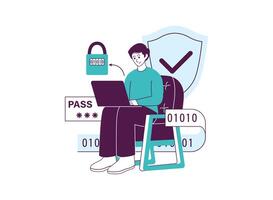 Man using a laptop, securing his account with a password and a shield. vector