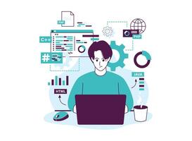 Programmer focused on coding, surrounded by various programming languages and tools. vector