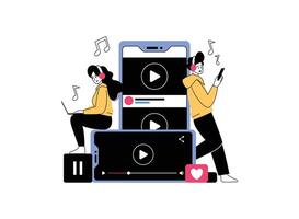 Two people enjoy music on their devices. One person listens to a podcast on their laptop, while the other streams a on their phone vector
