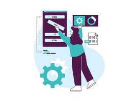 Illustration of a woman coding, surrounded by programming languages and elements. vector