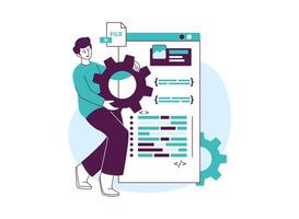 Programmer working on a JavaScript file, represented by a gear and code. vector