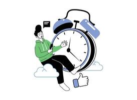 A young man sits on a giant alarm clock, looking overwhelmed by his phone. Clouds and a thumbs-up icon float nearby, symbolizing the pressure of constant notifications and online interactions. vector