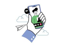 A hand holds a smartphone with a call in progress vector