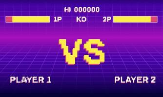 Fight retro game interface in blue style with yellow vs icon in pixel. vector