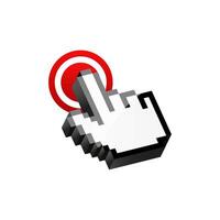 White hand cursor for computer click on red button. vector