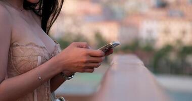 Woman typing with hands and phone, internet for social media, email notification and search connection. Girl, fingers and mobile phone for chat, message and online video