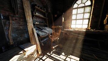 Old carpentry workshop filled with vintage tools and warm light from windows video