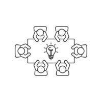 Brainstorming and teamwork icon. Business meeting. Group of six people in conference room sitting around a table working together on new creative projects. vector