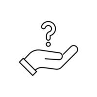 Hand holding question mark icon. Outline style. Why, who, doubt, uncertainty, curious, ask, curiosity, interrogation concept. illustration isolated on white background vector