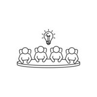 Brainstorming and teamwork linear icon. Business meeting. Discussion group. Debate team. Group of people in conference room sitting around a table working together on new creative projects. vector