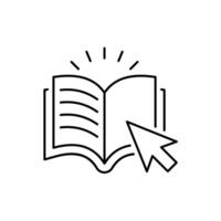 Online library icon. Simple outline style. Open book with cursor, digital course, e-learning, internet education concept. Thin line illustration isolated on white background. vector